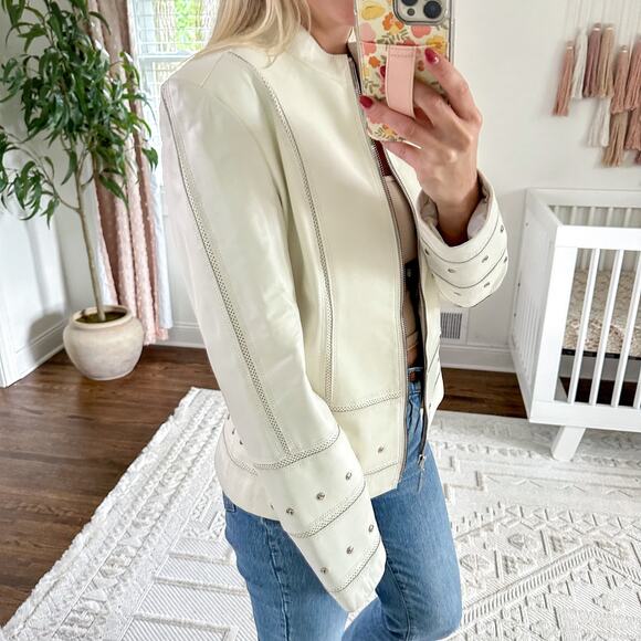 ST. JOHN Sport Leather Studded Moto Jacket White M - Picture 4 of 11